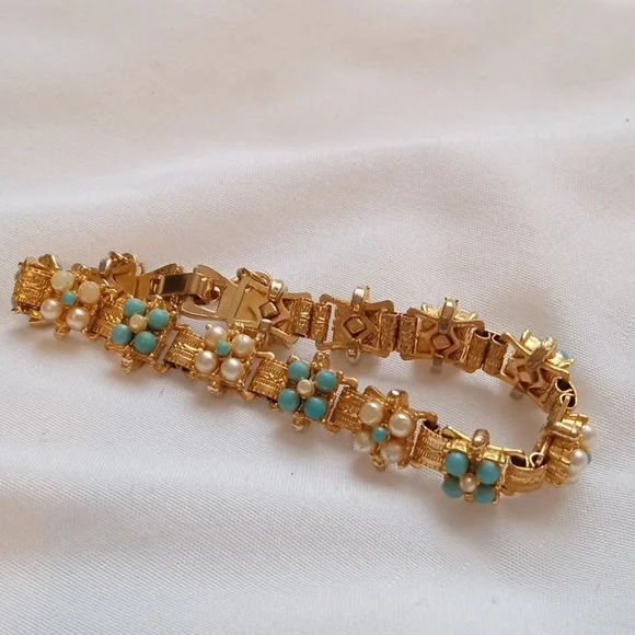 Vintage gold pearl, blue pearl, bracelet - Picture 2 of 8